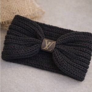 Louis Vuitton Upcycled Black Ribbed Knit Bow Headband – Authentic Leather Patch